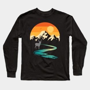 Sunset Mountain Stream with Deer Long Sleeve T-Shirt